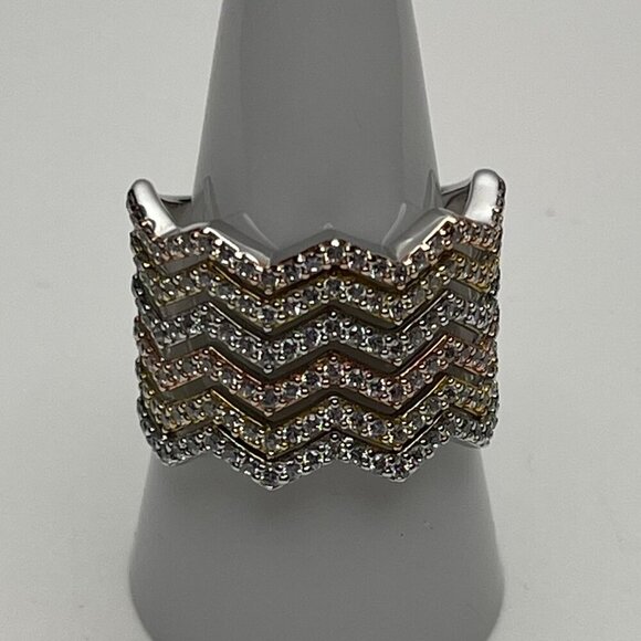 JCL Tri-Color Sterling Siver and CZ 6 Row Z Chevron Ring - Size 9 - Preowned - Picture 1 of 7